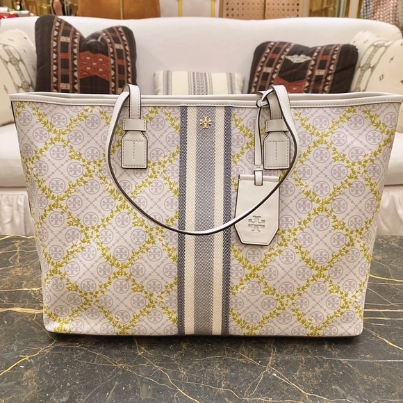 Tory Burch White and Gold Patterned Tote